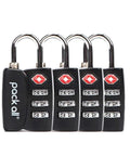 4 Pack TSA Approved Luggage Locks With 3 Digit Combination, black alloy body, red inspection indicator, and reset feature.