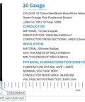Specifications sheet for Ultra Flexible 20 Gauge Silicone Wire Kit, 10 Colors, 10 Feet Each, 20 AWG Stranded Tinned Copper Wire