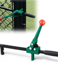 Chain Link Fence Stretcher Tool With Ratcheting Wire Tightener For Easy Tension, 1.7 To 9 Inch Range, Tilted Base Hooked Groove, One Hand Operation, 16.5 Inch, Green shown in front and installed view on chain link fence.