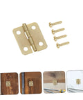40 Piece Miniature Hinge Hardware Set for DIY Crafts Corner Iron Hinges for Jewelry Boxes and Small Cases Tiny Screws Included Perfect for Jewelry Making Woodworking and Mini Project Repairs with gold iron hinge and screws, shown installed on wood surfaces.