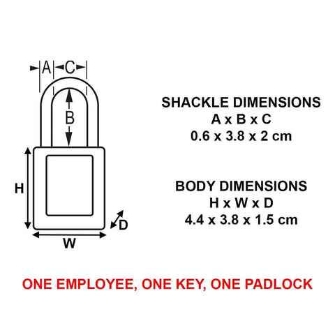 Diagram of Red Lockout Tagout Safety Padlock With Key For Electrical Work Non Conductive Thermoplastic Body Durable Metal Shackle OSHA Compliant