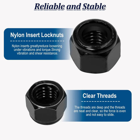 Close-up of 110 Pack Black Nylon Insert Lock Nuts Set For Inch Threaded Hardware SAE Nylock Nut Assortment Including 6-32, 8-32