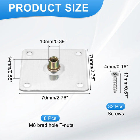 Pro Grade M8 Brad Hole T Nuts With 70MM Square Base Weld Insert And Female Thread Hardware Includes Thirty Two Self Tapping Screws product size diagram showing dimensions.