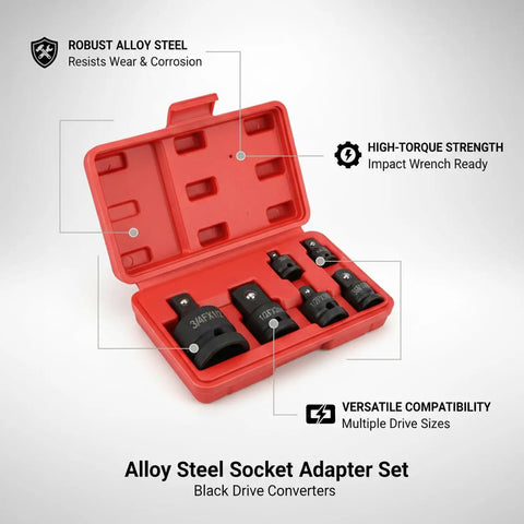 Premium Alloy Steel Socket Adapter Set For Impact Wrench And Ratchet Black Drive Converter Kit That Lets You Match Any Drive Size To Your Existing Sockets So You Can Crush It On Auto Repairs Without Buying Duplicates Ever Again While Getting That Sick., red case with alloy steel socket adapters