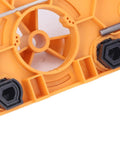 Close-up of Heavy Duty Aramox Hinge Hole Saw Jig For Woodworking Pros showing adjustable depth stop and screw spacing options.