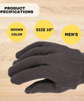 Brown Jersey Work Gloves For Men Large 12 Pack Industrial Grade Cotton Poly Blend reusable safety gear showing hand specifications.