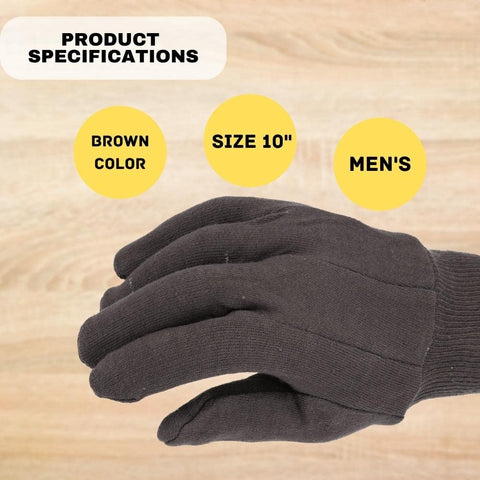 Brown Jersey Work Gloves For Men Large 12 Pack Industrial Grade Cotton Poly Blend reusable safety gear showing hand specifications.