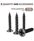 Top Shelf Heavy Duty Flat Head Self Tapping Wood Screws Forged From Badass Carbon Steel With Tough Black Oxide Shield For Zero Stink Rust And Smooth Drive Includes 100 Reliable Quick Grabbers in a pack of 100.