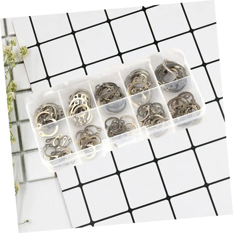 304 Stainless Steel C Shaped Retaining Clips Set 100 Pieces Split Washer Kit For M8 in plastic case on grid background