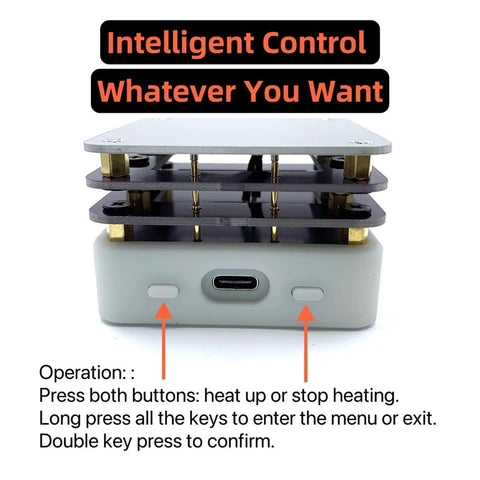Front view of 65W Mini Hot Plate SMD Preheater For Soldering Stations with control buttons and USB-C port.
