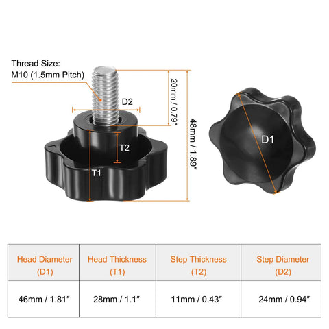 Hefty Two Piece Star Knobs Featuring Snappy Black Plastic Six Star Heads And Nasty Strong 304 Stainless M10 Threads For Quick Hand Twists with dimensions