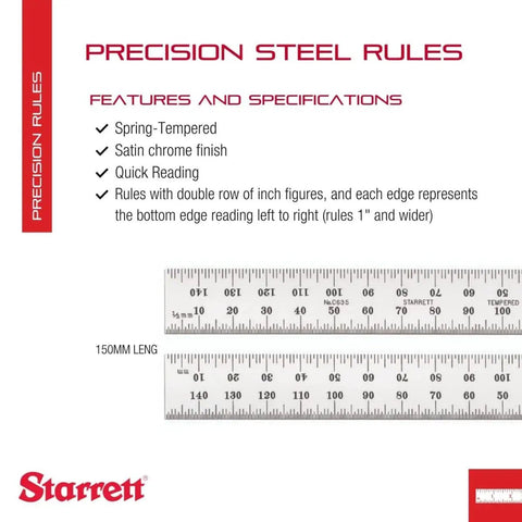 Spring Tempered Steel Ruler With Satin Chrome Finish Pro Grade Quick Reading Millimeter Graduations 150mm Length