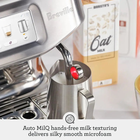 Absolute Game Changing Slick Espresso Machine In Damson Blue With Auto Milk Steaming Precision Tamping And Cold Brew Function For Smooth Latte Art And Major Home Cafe Vibes Touchscreen Daily, showcasing Auto MilQ milk frother.