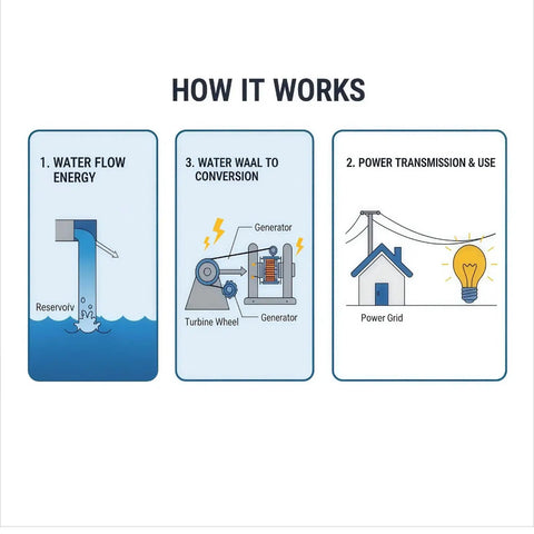 Diagram showing water flow energy, turbine wheel conversion, and power transmission for Hydroelectric Turbine Generator Low-Speed Water Wheel For Outdoor Lighting 100W Compact Portable Power On Tap Off Grid Ready With Silent Belt Drive And Dependable Performance For Home Camping And Outdoor Use.