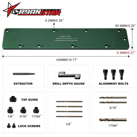 Dodge 5.7L Hemi Exhaust Manifold Template Removal Tool Set with base plate, extractor, depth gauge, alignment bolts, tap guides.
