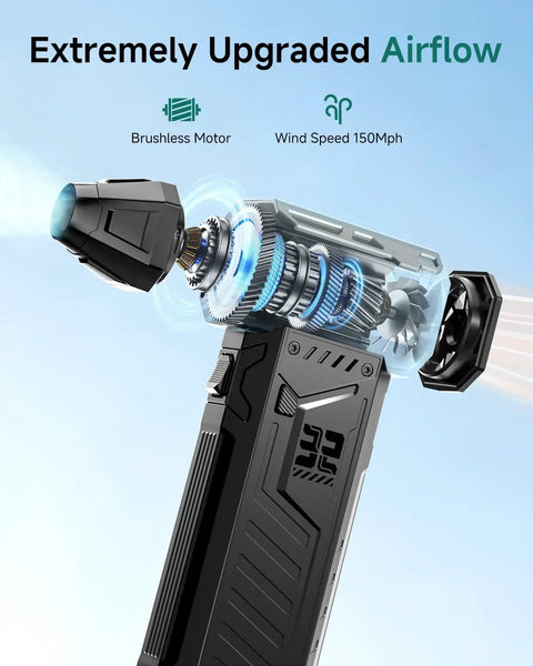 Cordless Electric Air Duster With Swappable Twin Battery Pack 150000 RPM 3 Speed High Velocity Blower showcasing airflow