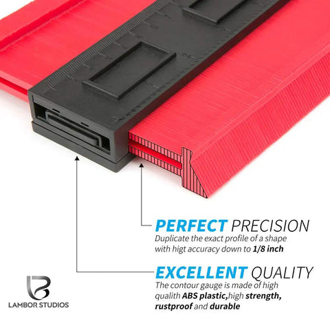 Close-up of Wide Contour Gauge 5 Inch And 10 Inch With Retractable Measuring Tape in red ABS plastic detailing precision features.