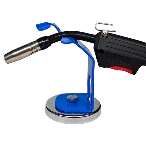 Magnetic MIG Welding Torch Holder With Ultra Strong Base for hands free work, durable metal clamp holding MIG gun securely.