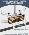 Phivan 4" Wall Mount Brass Kitchen Sink Faucet, 3-1/2" Gooseneck Spout installation guide with dimensions.