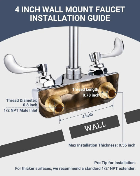 Phivan 4" Wall Mount Brass Kitchen Sink Faucet, 3-1/2" Gooseneck Spout installation guide with dimensions.