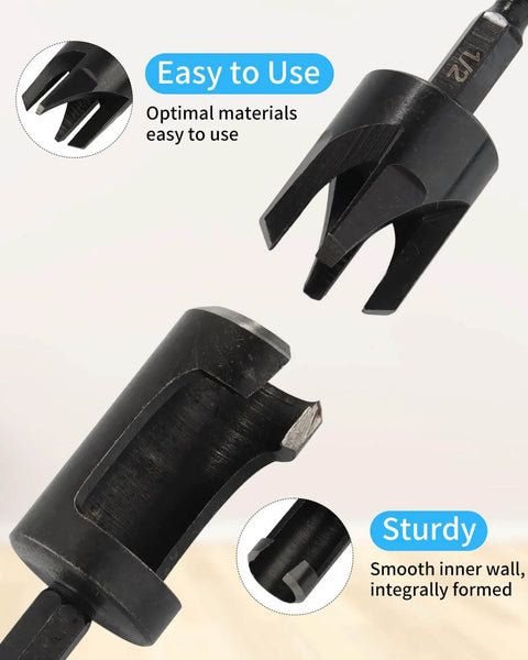 Front view of Rocaris 8-pack wood plug cutter drill bit set with black hex shanks (1/4–5/8 in diameters)