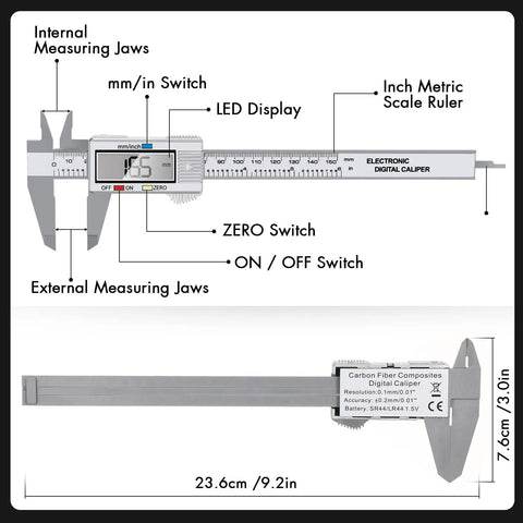 Go-To Digital Caliper With LCD Display 0 To 6 Inch Range showing measurements and switches