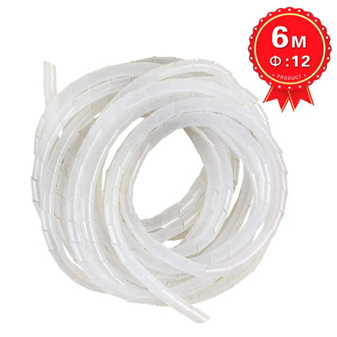Clear Spiral Cable Wrap 12mm for Half Inch Cables 20 Ft Long, white cord organizer, rolled view with red label