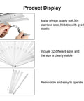 Stainless steel feeler gauge with 32 dual-marked metric/imperial blades; foldable with removable blades.