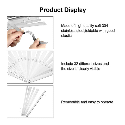 Stainless steel feeler gauge with 32 dual-marked metric/imperial blades; foldable with removable blades.