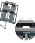 Dang Tough Industrial Drill Press Vice Featuring Thickened Six Inch Steel Jaw Opening And Heavy Cast Iron Bench Clamp Rig with threaded handle and clamping mechanism.