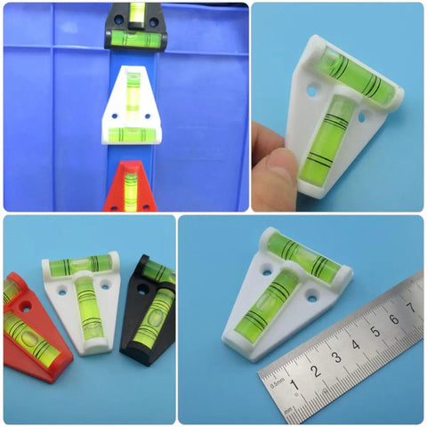 Mini T Shape Bubble Level Tool With Shatterproof PMMA And ABS displayed in various colors and settings against blue background.