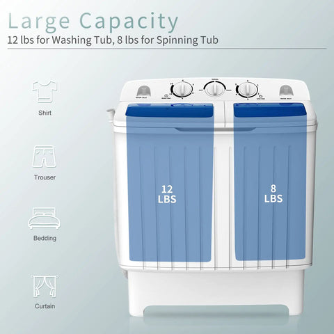 Chill Compact Twin Tub Washing Machine, 12 Lb Washer And 8 Lb Spinner Combo showing capacity labels, ideal for small spaces.