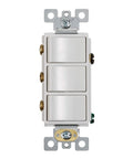 Three-Rocker Bathroom Wall Switch For Exhaust Fan, Light, And Heater Control, White Knob, Fits Single-Gang Box, 120V 60Hz