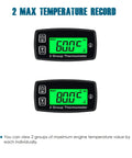 Front view of two digital LCD engine temperature gauges with green backlit displays in black housings.