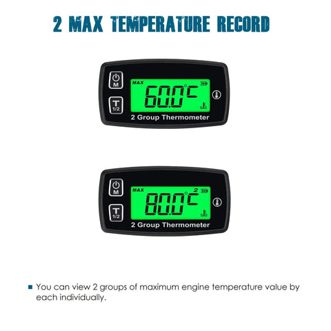 Front view of two digital LCD engine temperature gauges with green backlit displays in black housings.