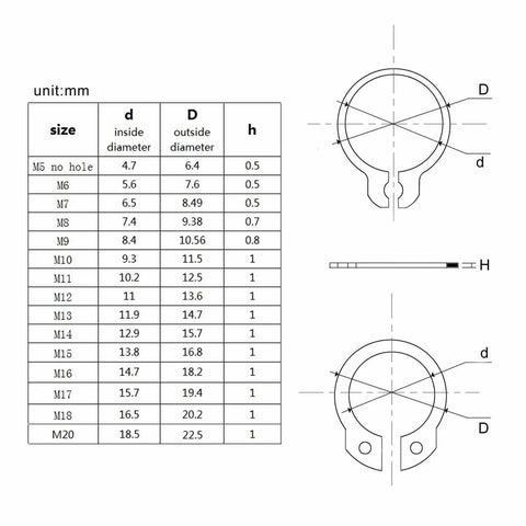 Technical diagram of 250/500 Piece Assortment Kit Set 5 To 20mm External Retaining Ring Snap Ring C Type Circlip dimensions