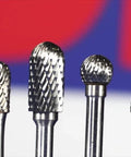 Carbide burrs set for die grinder; front view shows ball-end double-cut bits on metal shanks