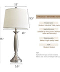 Three Way Dimmable Touch USB Table Lamps Set Of 2, 28 Inch Modern Industrial Metal Bedside Lamps With Linen Shades, Silver Finish