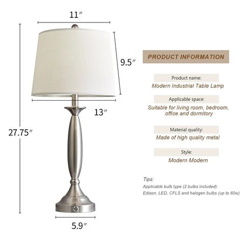 Three Way Dimmable Touch USB Table Lamps Set Of 2, 28 Inch Modern Industrial Metal Bedside Lamps With Linen Shades, Silver Finish