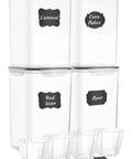 Big Ol 7 Qt Tall Food Storage Canisters Set Wide And Deep Airtight Pantry Containers For Flour And Sugar 4 Piece Plastic Storage Jars With Measuring Cups And 20 Chalkboard Labels displayed with measuring cups and labels