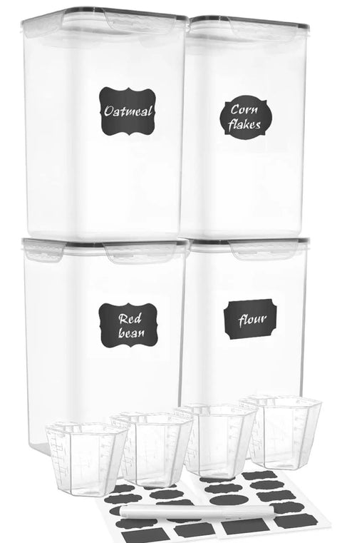 Big Ol 7 Qt Tall Food Storage Canisters Set Wide And Deep Airtight Pantry Containers For Flour And Sugar 4 Piece Plastic Storage Jars With Measuring Cups And 20 Chalkboard Labels displayed with measuring cups and labels