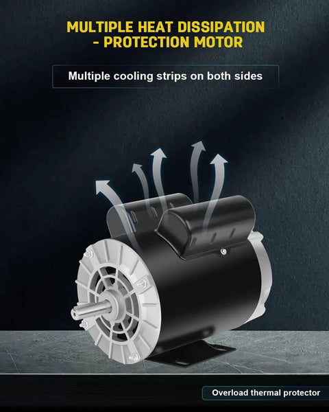 Five Horsepower SPL Air Compressor Motor With 3450 RPM 230 Volt Single Phase 15 Amp 56 Frame Five Eighth Inch Keyed Shaft in cooling display