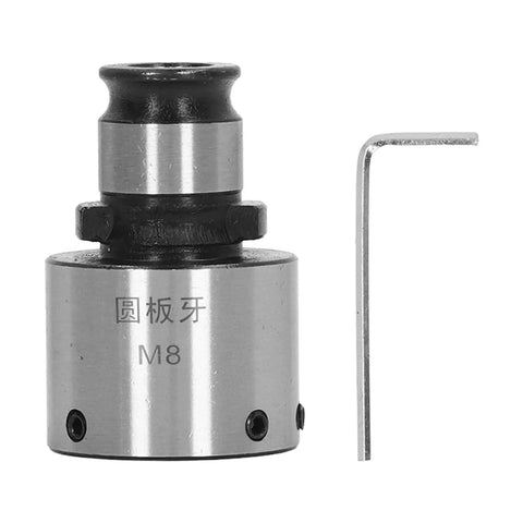 Carbon Steel Round Die Tapping Collet Chuck GT12 M8 With Hex Wrench beside, for lathe tool installation and threading.