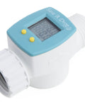 Reversed Display Water Flow Meter For Garden Hose See Gallons In Real Time Easy To Attach Tracks Single Use And Total Water Use Great For Campers Boats And Outdoor Water Conservation. white plastic hose water meter with blue display and yellow buttons