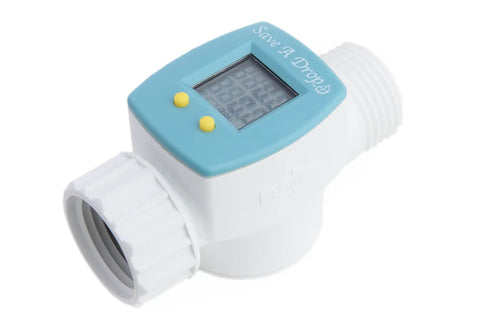 Reversed Display Water Flow Meter For Garden Hose See Gallons In Real Time Easy To Attach Tracks Single Use And Total Water Use Great For Campers Boats And Outdoor Water Conservation. white plastic hose water meter with blue display and yellow buttons