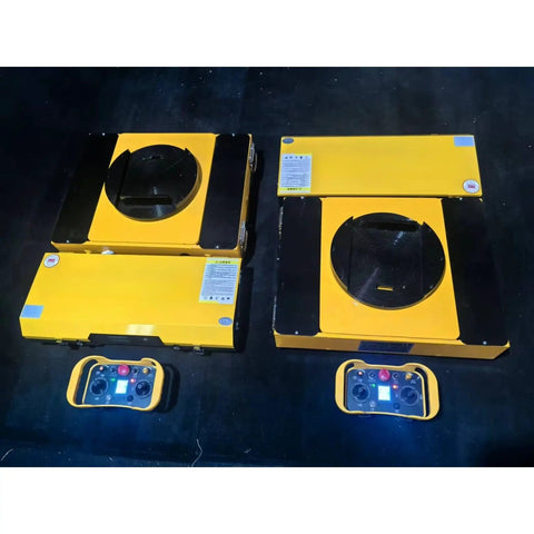 Heavy Duty Battery Powered Machinery Transport Dolly With Wireless Remote Control That Picks Up Massive Loads In Beast Mode showing remote and dolly design.