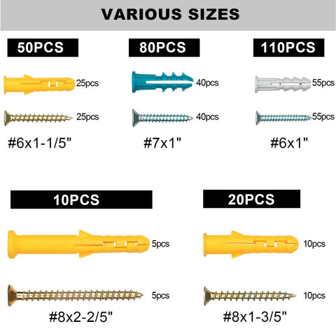 All-In-One Drywall Anchors And Screws Kit 270-Piece Mega Pack With Plastic Wall Anchors And Zinc Alloy Screws Galvanized For Long-Lasting Strength Easy Install For Home Improvement And DIY Projects. various sizes kit