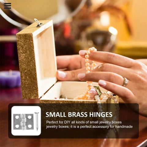 Durable Mini Hinges For Wooden Boxes And Jewelry Boxes With Nails In Silver Copper Finish 75 Pack Tiny Hinges For DIY Craft Projects Box Making And Cabinet Hardware Great For Small Furniture Repairs Zerodeko displayed in open jewelry box
