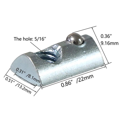 Built Like A Tank 20 Pack 5/16 18 Threaded Roll In T Nuts With Ball Spring Design Bright Zinc Coated Steel Fasteners with dimensions.