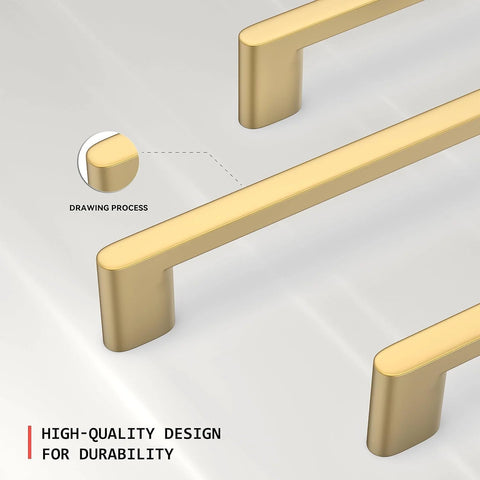 Close-up of 25 Pack Matte Gold Cabinet Pulls With 5 Inch Center To Center Hole Spacing Brushed Brass Kitchen Drawer Handles